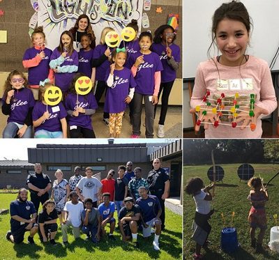 photo collage of afterschool program activities such as archery and engineering