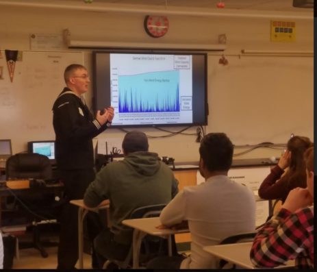 Navy representative showing graph to students