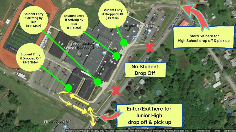 aerial view of student drop off areas