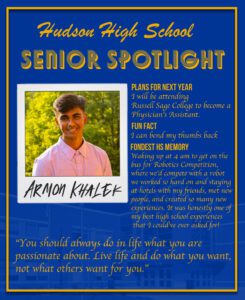 Armon Khalek senior spotlight. going to college to become a Physician’s Assistant. going to college to become a Physician’s Assistant going to college to become a Physician’s Assistant. I can bend my thumbs back. Coming to school and seeing myself and my friends in our cultures clothing, it was a comforting feeling and made me proud of my culture.
