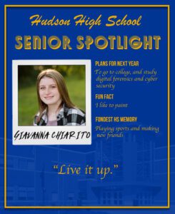 Giavanna Chiarito senior spotlight. To go to college, and study digital forensics and cyber security. I like to paint. Playing sports and making new friends.