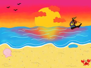 digital artwork depicting a beach scene