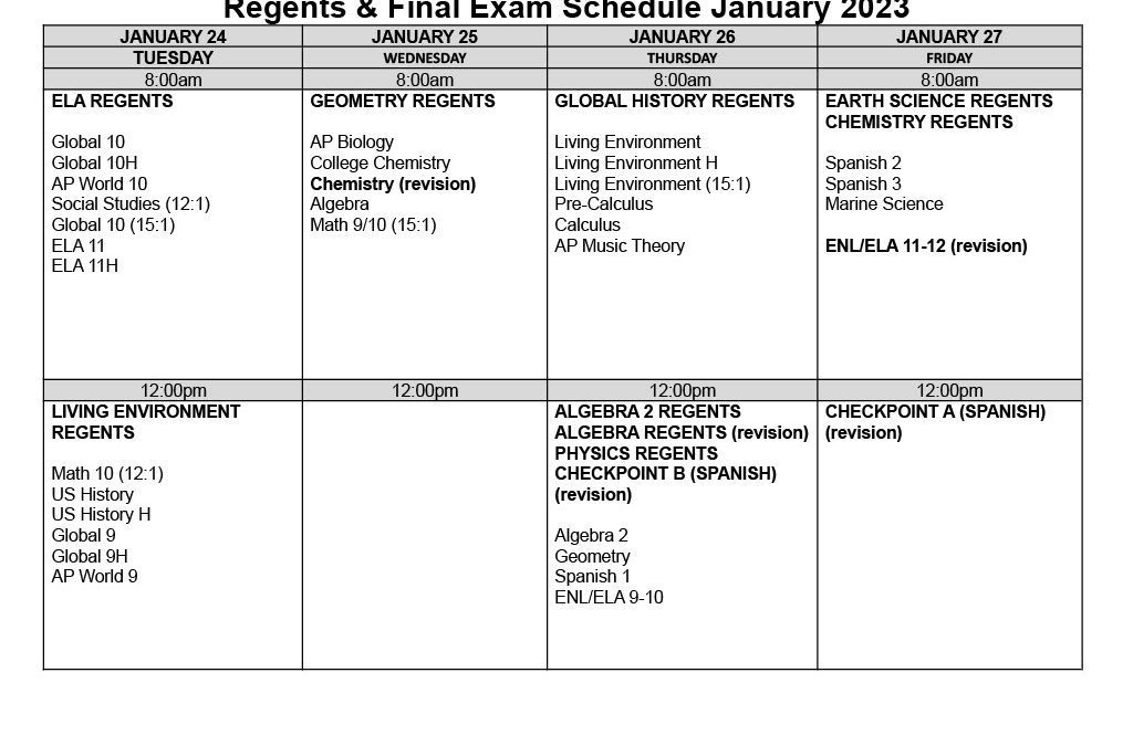 Updated SHS Midterm Regents Exam Schedule