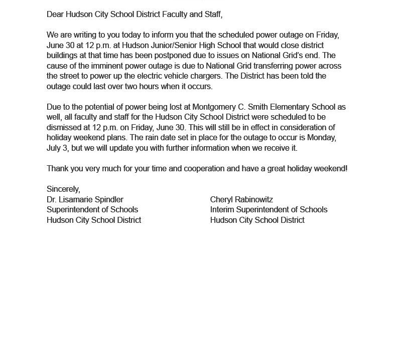 6-30-23 Letter to Faculty and Staff on Cancellation of Scheduled Power Outage