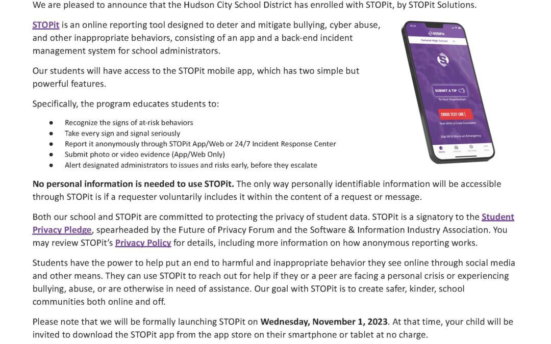 STOPit Solutions Anonymous Reporting to Launch at HCSD 11/1/23