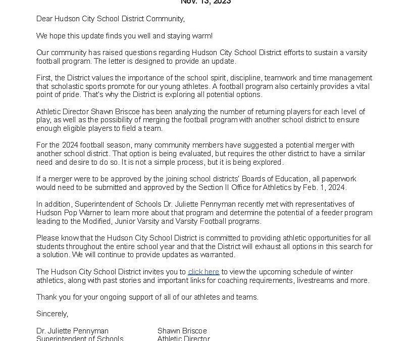 Hudson City School District Football Program Update