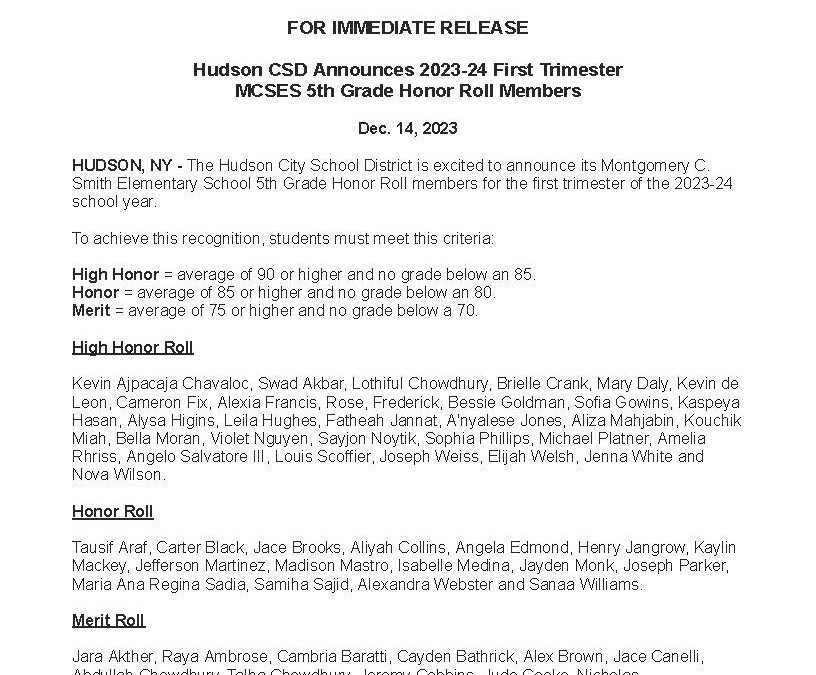 Hudson CSD Announces 2023-24 First Trimester 5th Grade Honor Roll