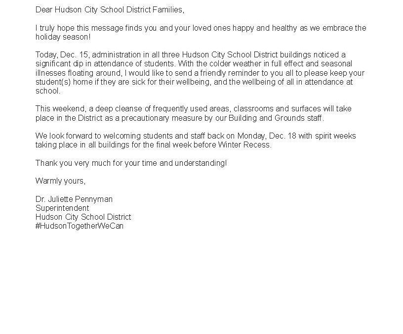 HCSD Health and Safety Importance During the Holidays Letter