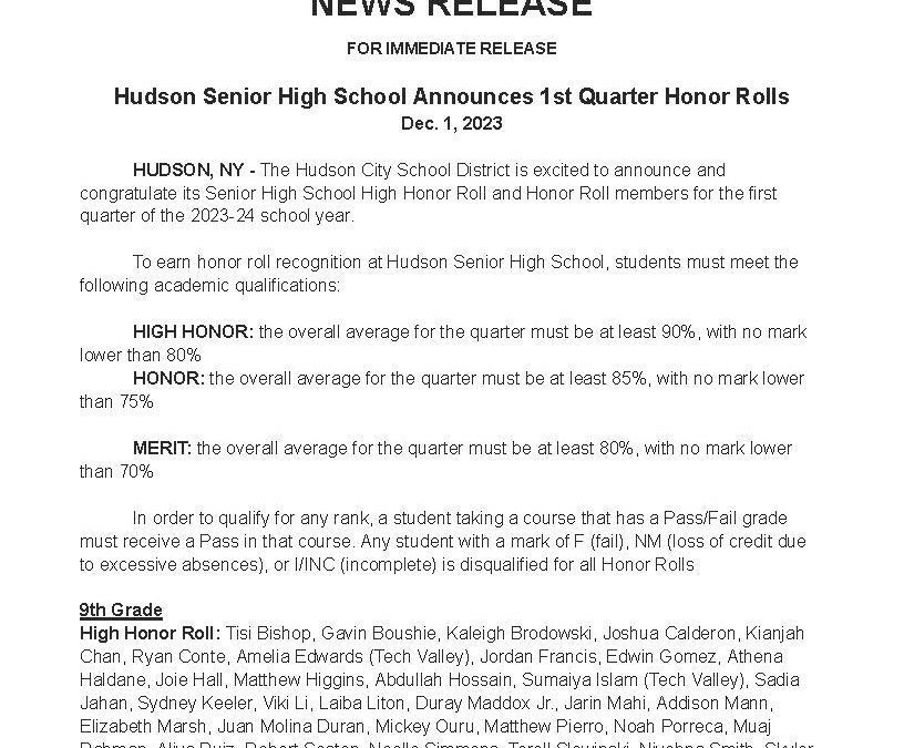 2023-24 Hudson SHS Quarter 1 Honor Rolls