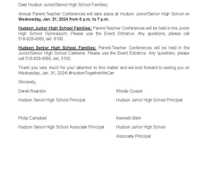 Hudson JSHS Parent-Teacher Conferences Jan. 31, 2024