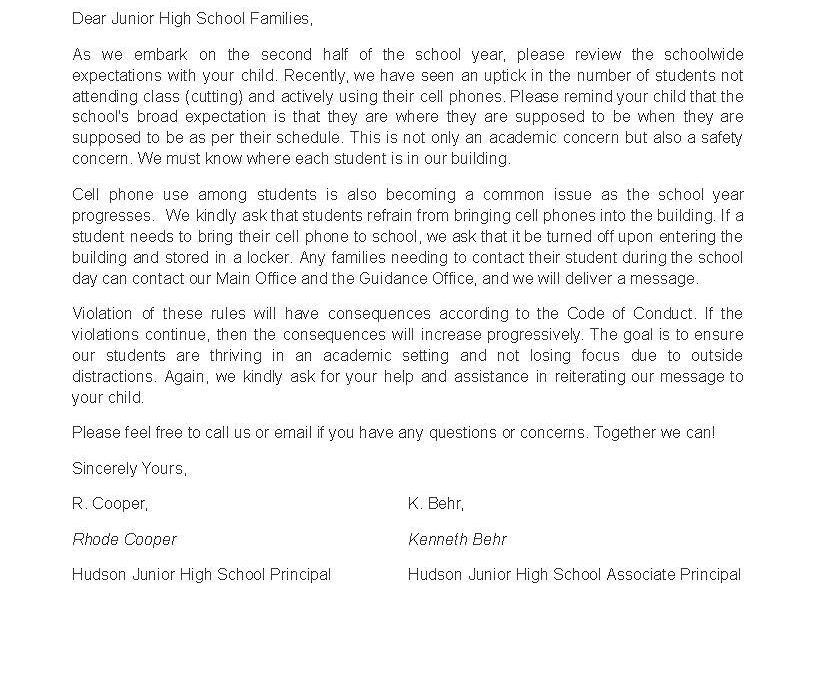 Hudson JHS Parent/Guardian Student Expectations Reminder Letter
