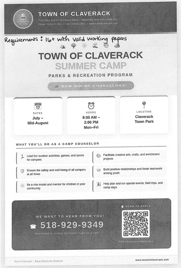Town of Claverack Camp Counselor flyer. See article for details. 