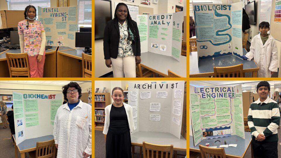 6-picture collage of students smiling in front of their tri-fold posters. 