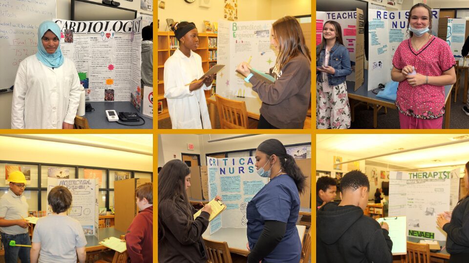 6-picture collage of students presenting their tri-fold posters about their chosen careers. 