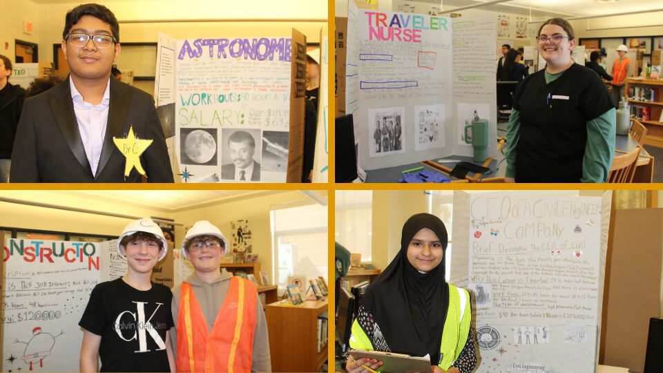 4-picture collage of students smiling in front of their tri-fold posters. 