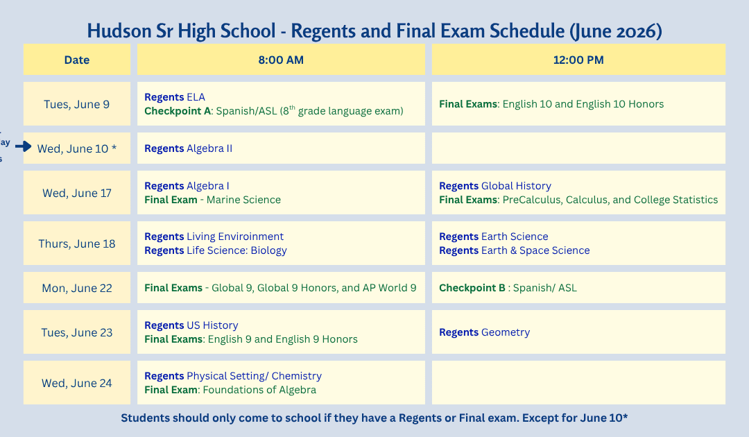 Regents and Final Exam Schedule – HSHS June 2026
